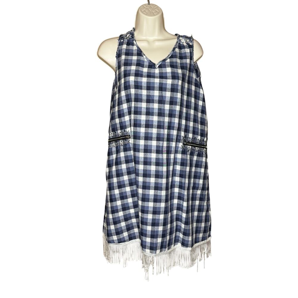 Pol Blue Plaid Embroidered Fringe Sleeveless Dress S NWOT